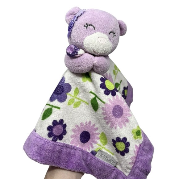 Carters Purple Bear Floral Security Blanket Baby Lovey 13x13 Inches Blankie - Picture 1 of 15